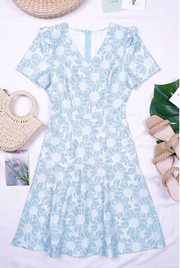 V Neck Shoulder Frill White Daisy Printed Midi Dress (Light Blue)
